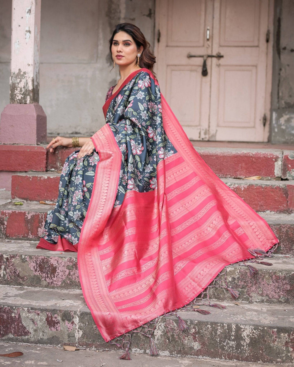 Floral Navy Banarasi Silk Saree with Bright Pink Zari Border and Tassels BANARASI PRINTED