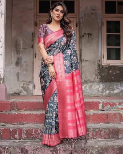 Floral Navy Banarasi Silk Saree with Bright Pink Zari Border and Tassels BANARASI PRINTED