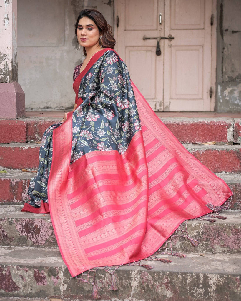 Floral Navy Banarasi Silk Saree with Bright Pink Zari Border and Tassels BANARASI PRINTED