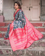 Load image into Gallery viewer, Floral Navy Banarasi Silk Saree with Bright Pink Zari Border and Tassels BANARASI PRINTED