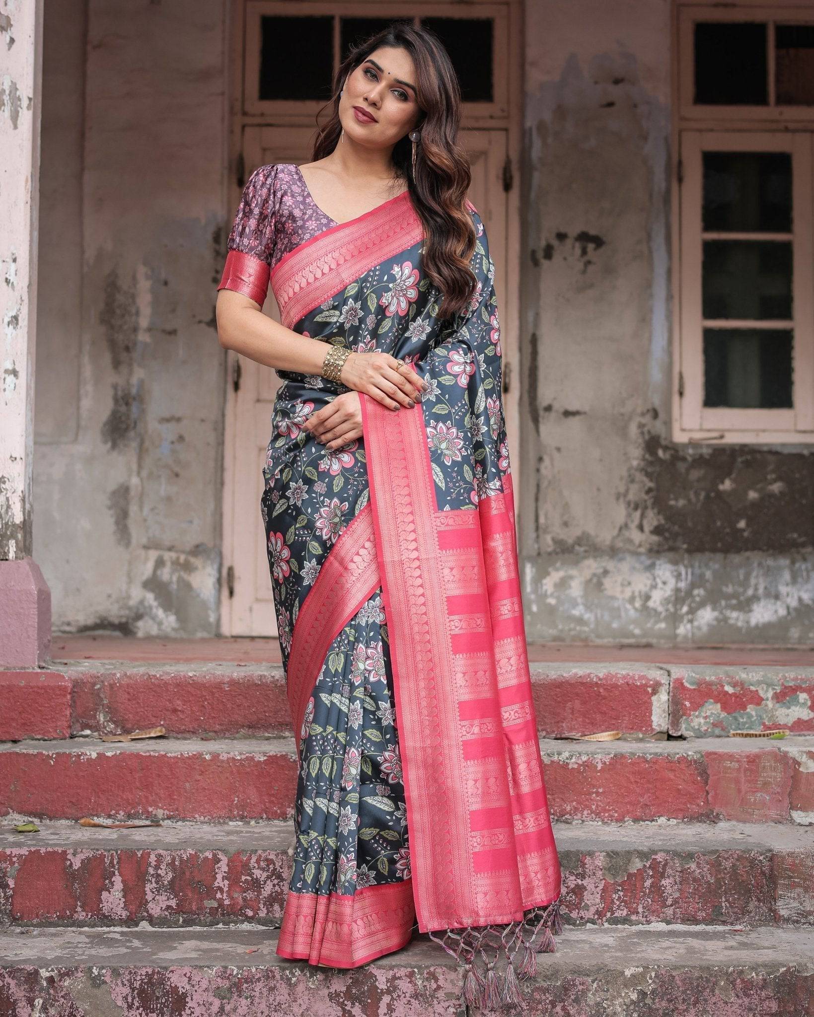 Floral Navy Banarasi Silk Saree with Bright Pink Zari Border and Tassels BANARASI PRINTED Main image