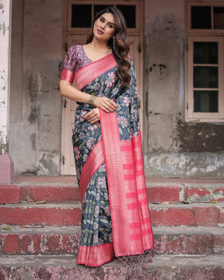 Floral Navy Banarasi Silk Saree with Bright Pink Zari Border and Tassels BANARASI PRINTED