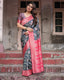 Floral Navy Banarasi Silk Saree with Bright Pink Zari Border and Tassels BANARASI PRINTED