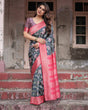 Load image into Gallery viewer, Floral Navy Banarasi Silk Saree with Bright Pink Zari Border and Tassels BANARASI PRINTED