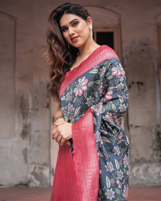 Floral Navy Banarasi Silk Saree with Bright Pink Zari Border and Tassels BANARASI PRINTED