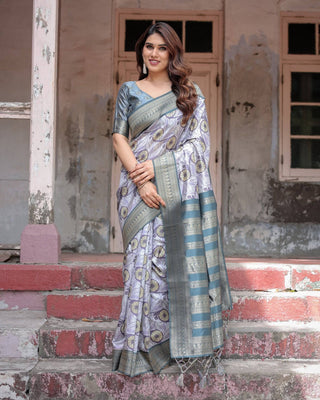 Sophisticated Lilac Banarasi Silk Saree with Floral Prints and Zari Tassel Border BANARASI PRINTED