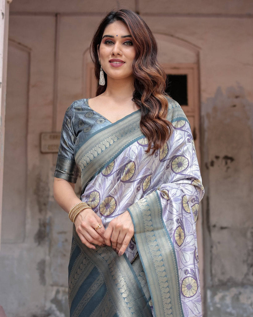 Sophisticated Lilac Banarasi Silk Saree with Floral Prints and Zari Tassel Border BANARASI PRINTED