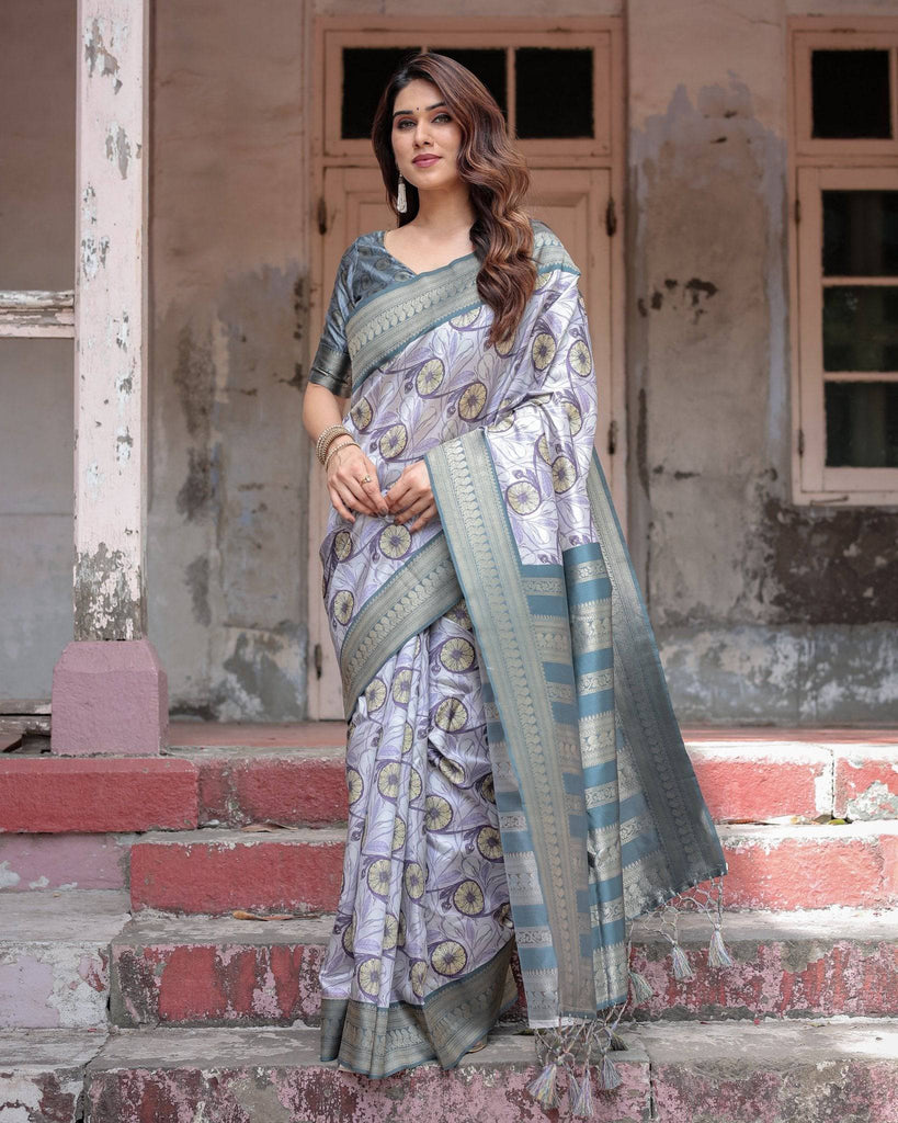 Sophisticated Lilac Banarasi Silk Saree with Floral Prints and Zari Tassel Border BANARASI PRINTED