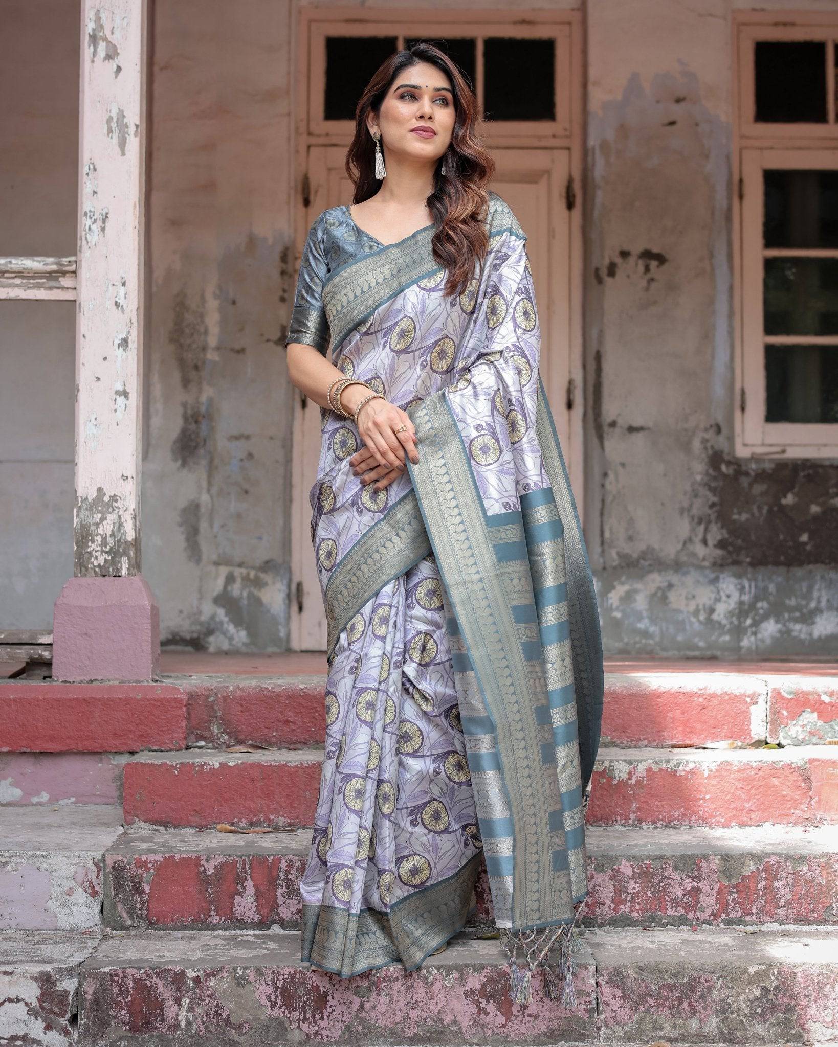 Sophisticated Lilac Banarasi Silk Saree with Floral Prints and Zari Tassel Border Secondary image