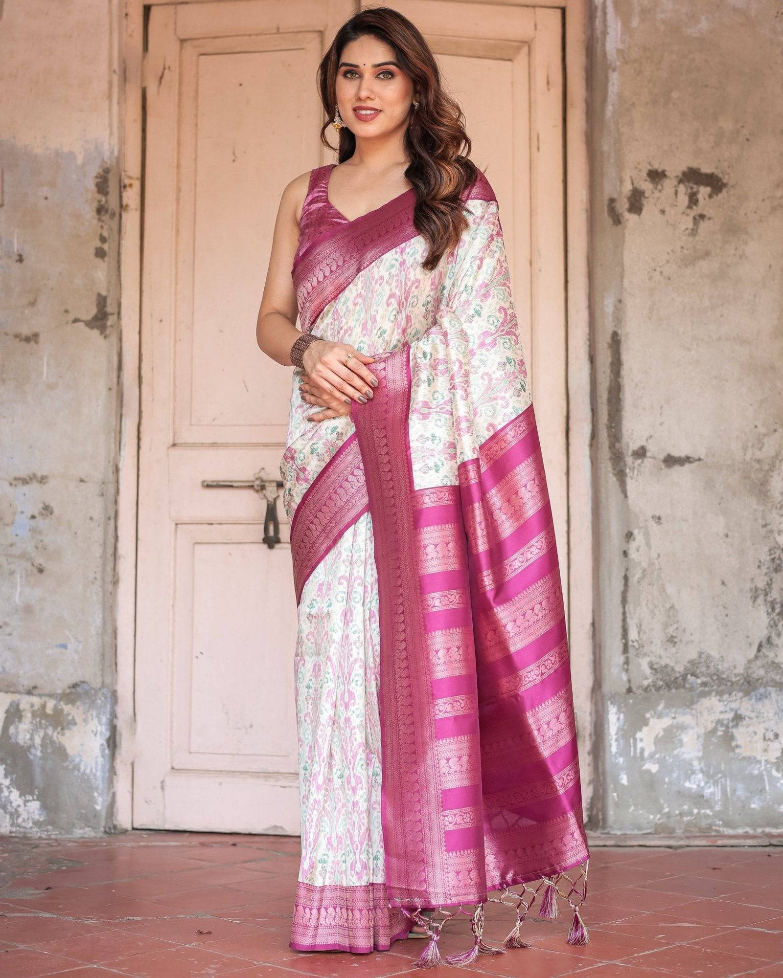 Off-White Banarasi Silk Saree with Pink Ikat Design and Zari Border BANARASI PRINTED