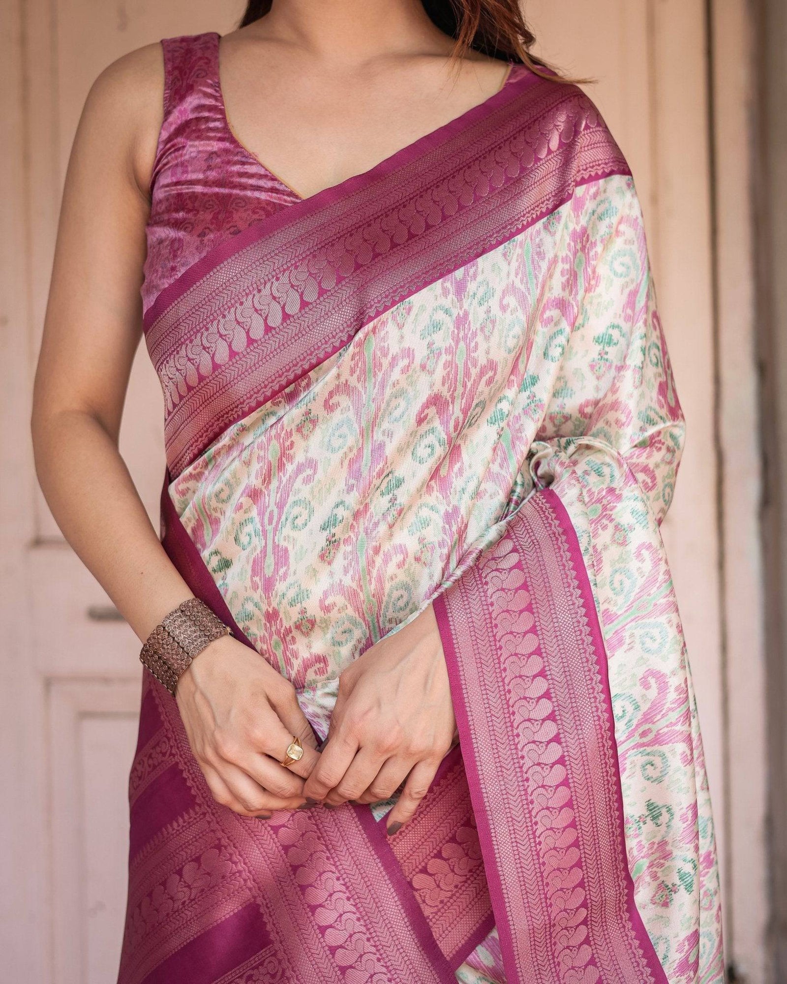 Off-White Banarasi Silk Saree with Pink Ikat Design and Zari Border BANARASI PRINTED