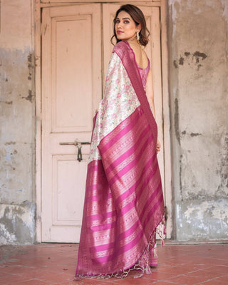 Off-White Banarasi Silk Saree with Pink Ikat Design and Zari Border BANARASI PRINTED