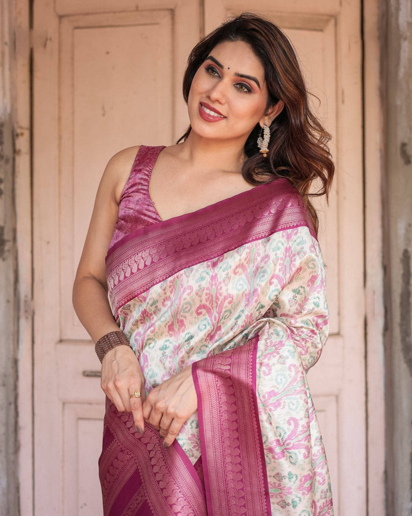 Off-White Banarasi Silk Saree with Pink Ikat Design and Zari Border BANARASI PRINTED