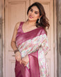 Load image into Gallery viewer, Off-White Banarasi Silk Saree with Pink Ikat Design and Zari Border BANARASI PRINTED