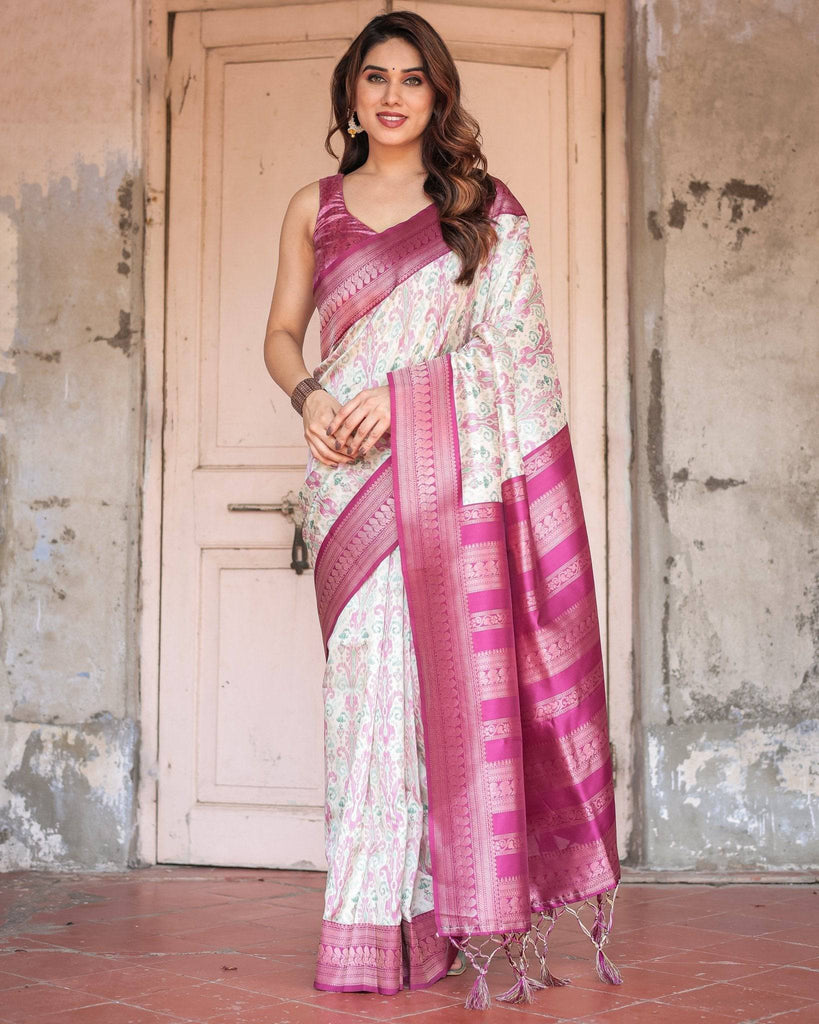 Off-White Banarasi Silk Saree with Pink Ikat Design and Zari Border BANARASI PRINTED