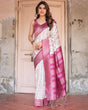 Load image into Gallery viewer, Off-White Banarasi Silk Saree with Pink Ikat Design and Zari Border BANARASI PRINTED