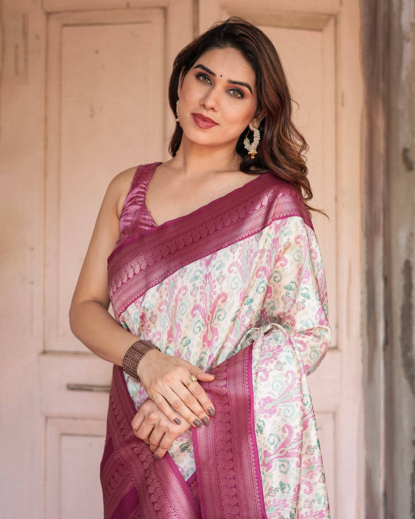 Off-White Banarasi Silk Saree with Pink Ikat Design and Zari Border BANARASI PRINTED