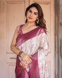 Load image into Gallery viewer, Off-White Banarasi Silk Saree with Pink Ikat Design and Zari Border BANARASI PRINTED