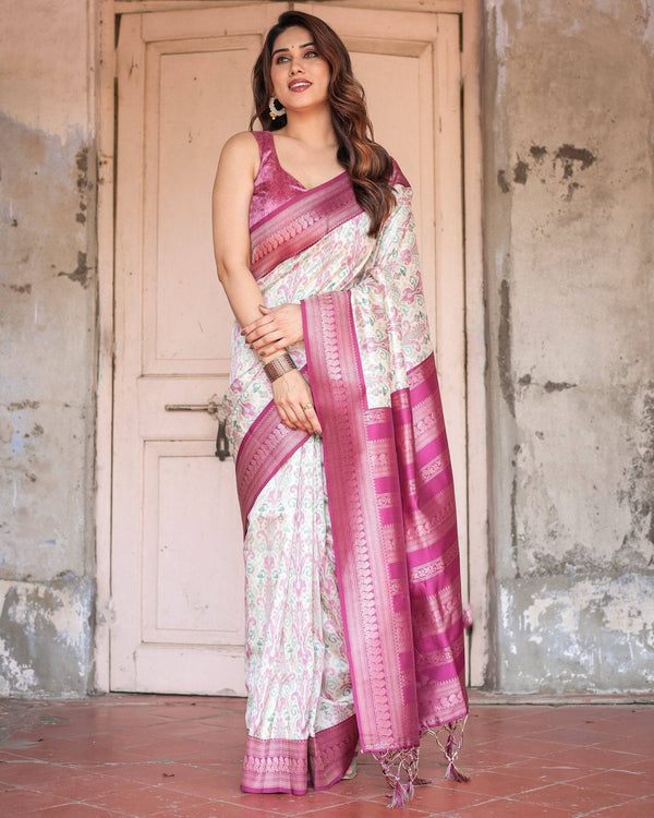 Off-White Banarasi Silk Saree with Pink Ikat Design and Zari Border BANARASI PRINTED