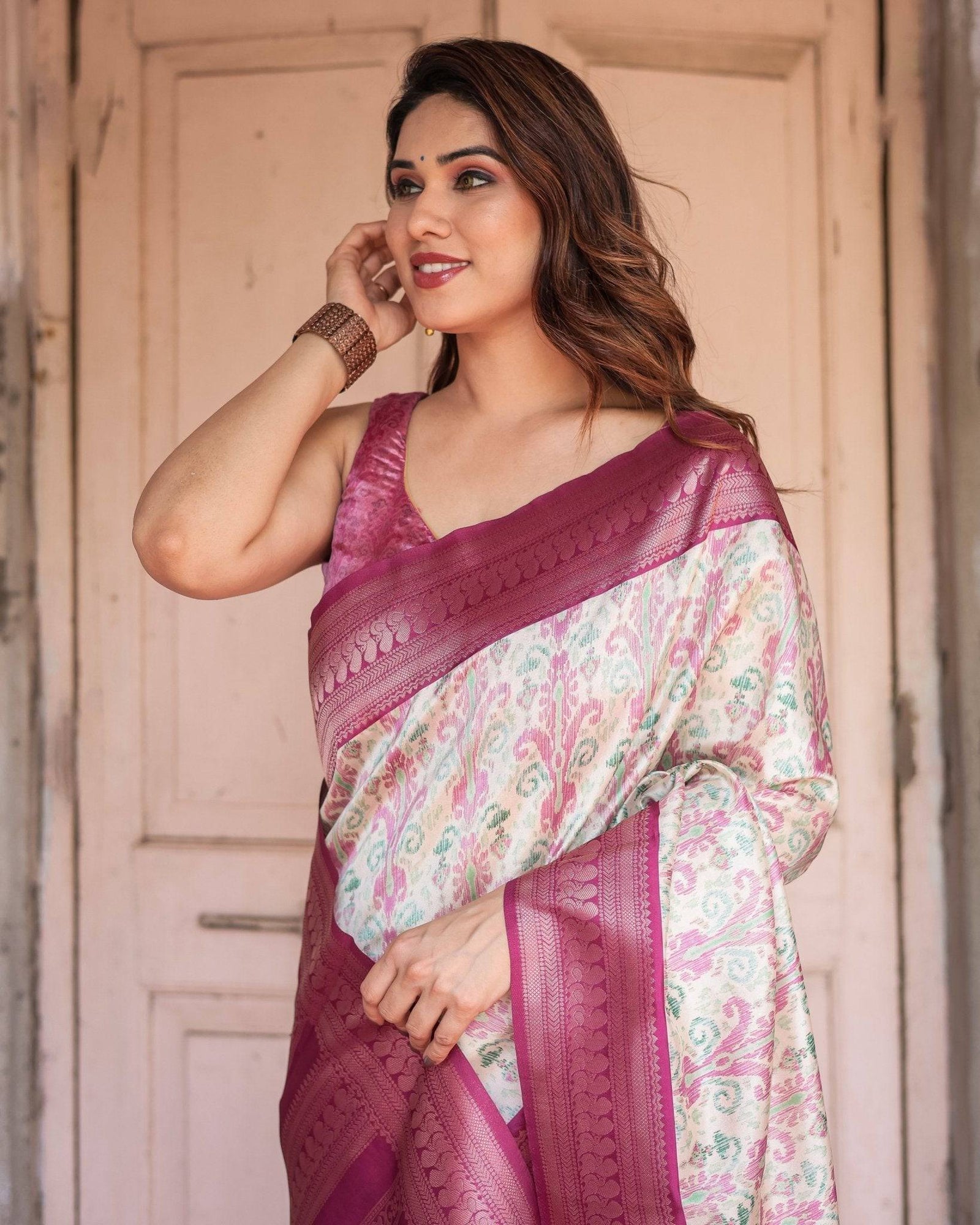 Off-White Banarasi Silk Saree with Pink Ikat Design and Zari Border BANARASI PRINTED