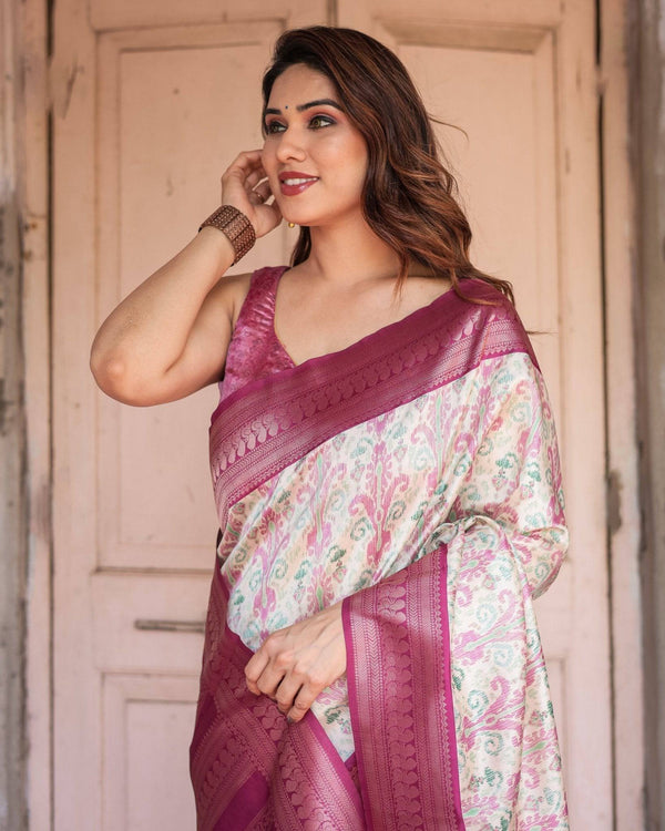 Off-White Banarasi Silk Saree with Pink Ikat Design and Zari Border BANARASI PRINTED