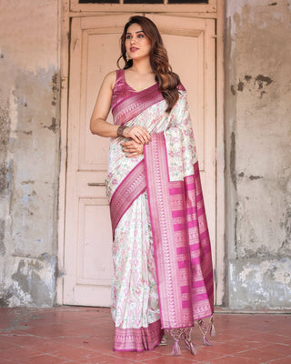 Off-White Banarasi Silk Saree with Pink Ikat Design and Zari Border BANARASI PRINTED