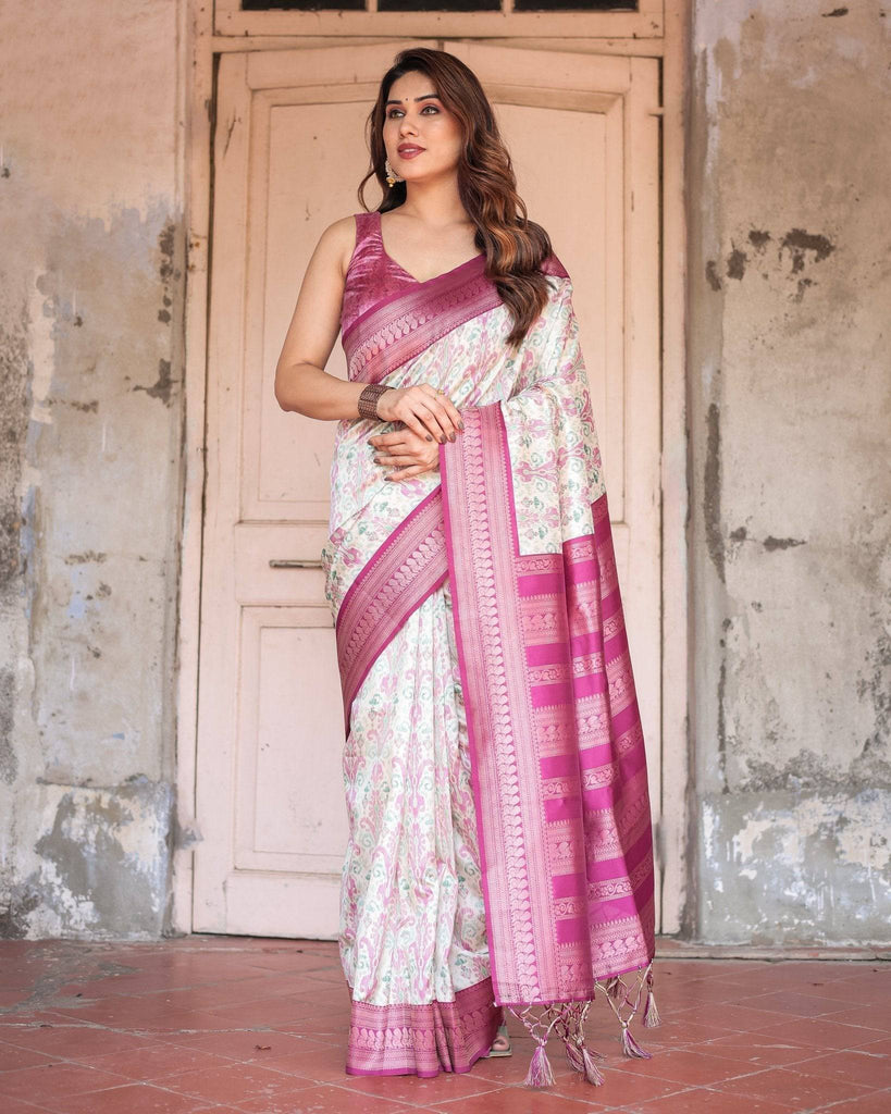 Off-White Banarasi Silk Saree with Pink Ikat Design and Zari Border BANARASI PRINTED