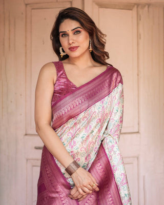 Off-White Banarasi Silk Saree with Pink Ikat Design and Zari Border BANARASI PRINTED