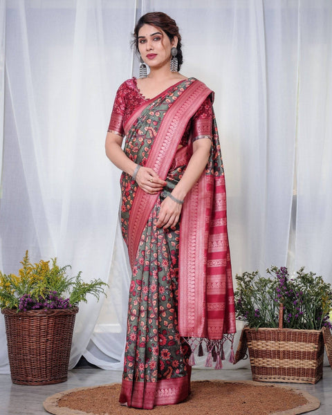 Elegant Banarasi Silk Saree in Deep Green with Floral Zari and Tassels BANARASI PRINTED Main image