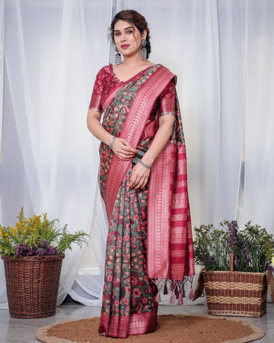 Elegant Banarasi Silk Saree in Deep Green with Floral Zari and Tassels BANARASI PRINTED