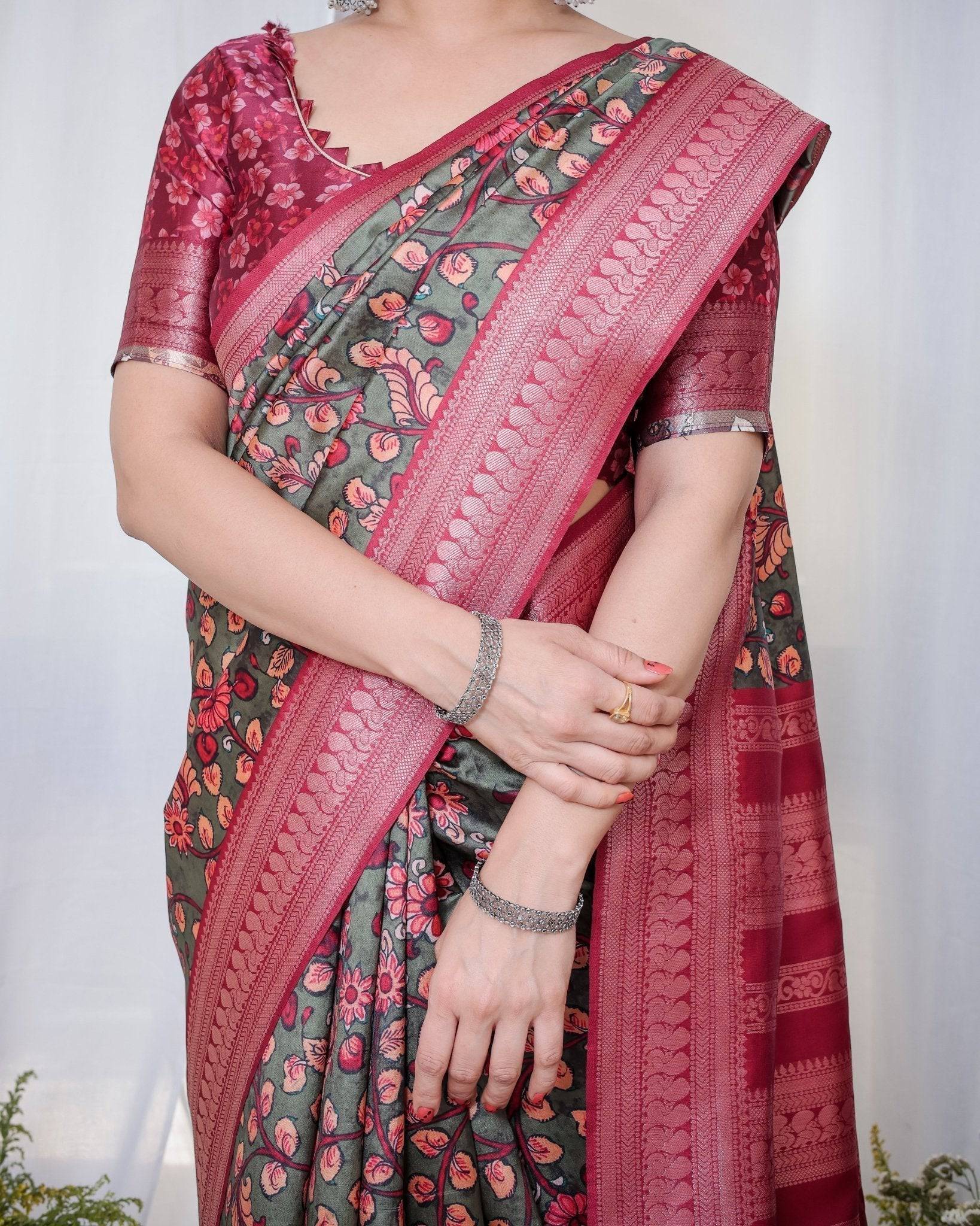 Elegant Banarasi Silk Saree in Deep Green with Floral Zari and Tassels BANARASI PRINTED