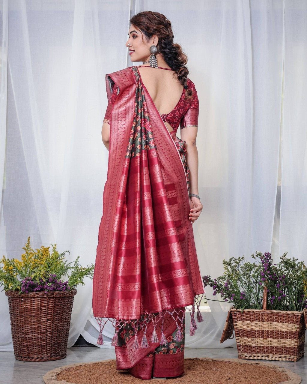 Elegant Banarasi Silk Saree in Deep Green with Floral Zari and Tassels BANARASI PRINTED