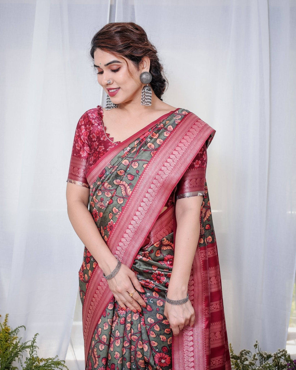 Elegant Banarasi Silk Saree in Deep Green with Floral Zari and Tassels BANARASI PRINTED