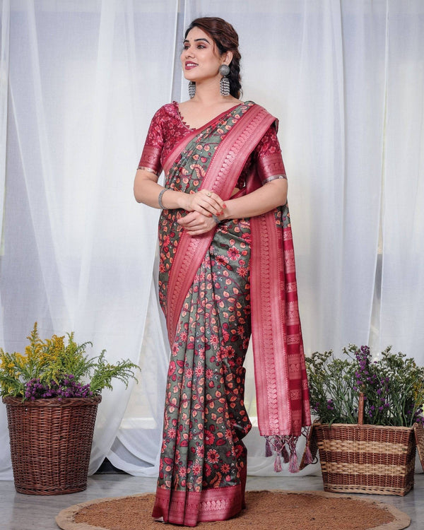 Elegant Banarasi Silk Saree in Deep Green with Floral Zari and Tassels BANARASI PRINTED