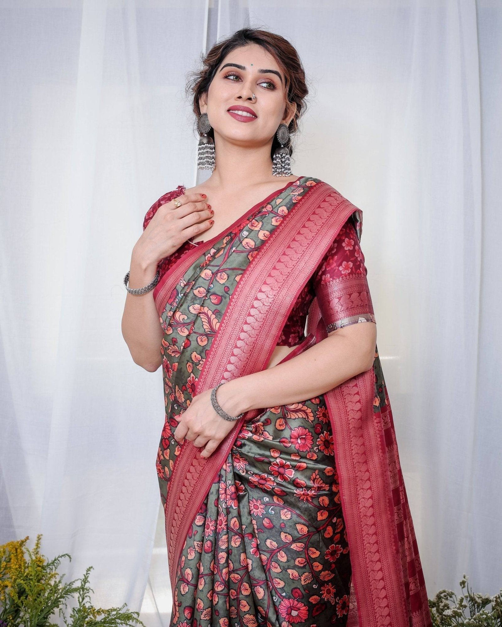 Elegant Banarasi Silk Saree in Deep Green with Floral Zari and Tassels BANARASI PRINTED