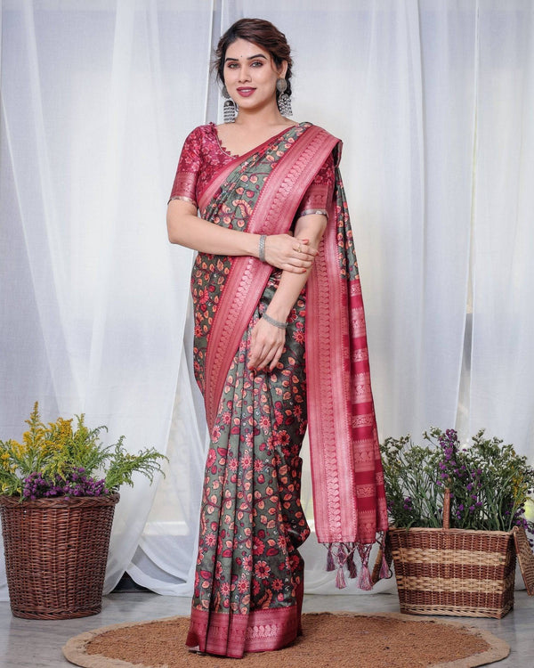 Elegant Banarasi Silk Saree in Deep Green with Floral Zari and Tassels BANARASI PRINTED