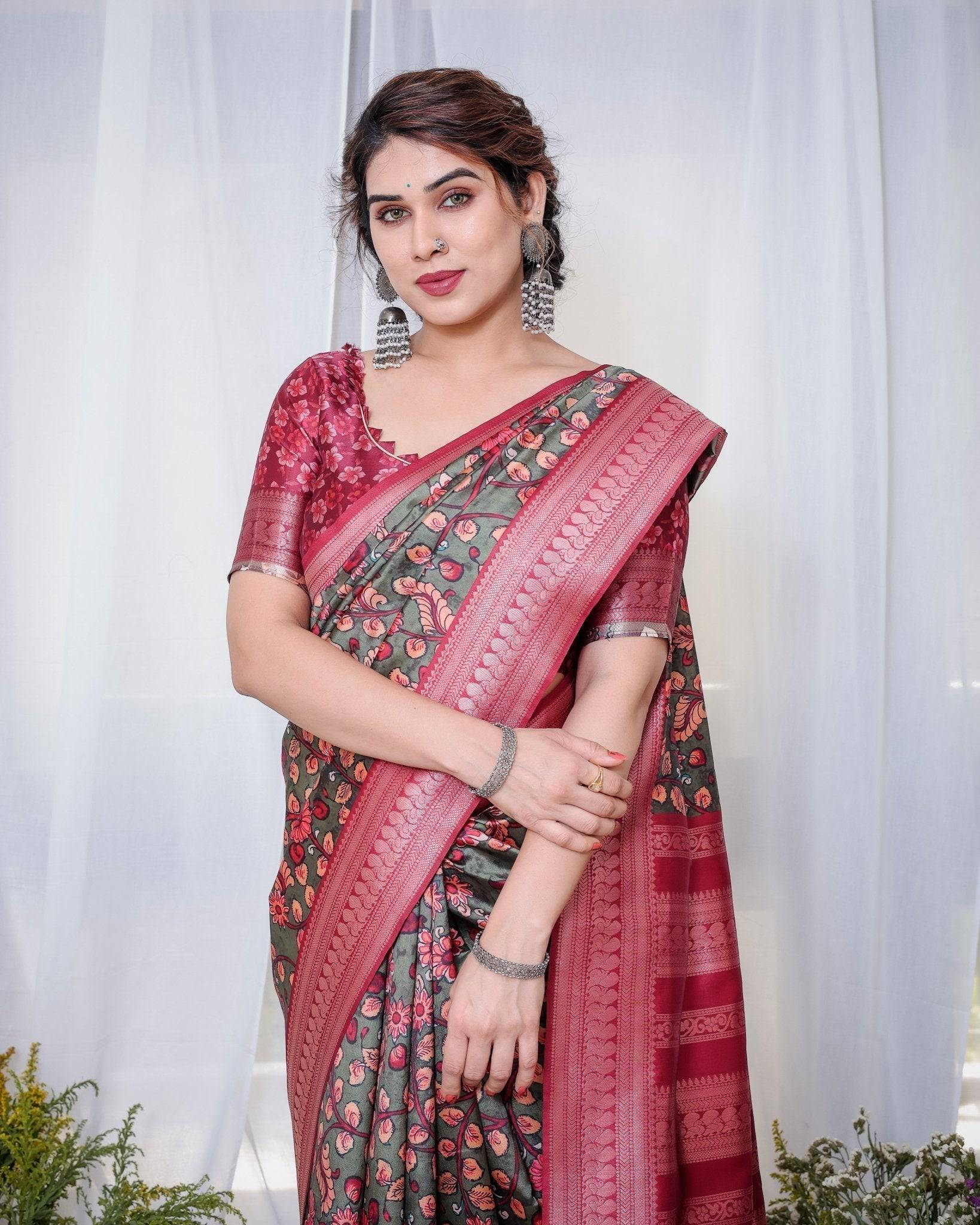 Elegant Banarasi Silk Saree in Deep Green with Floral Zari and Tassels BANARASI PRINTED