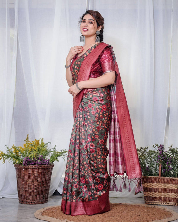 Elegant Banarasi Silk Saree in Deep Green with Floral Zari and Tassels BANARASI PRINTED