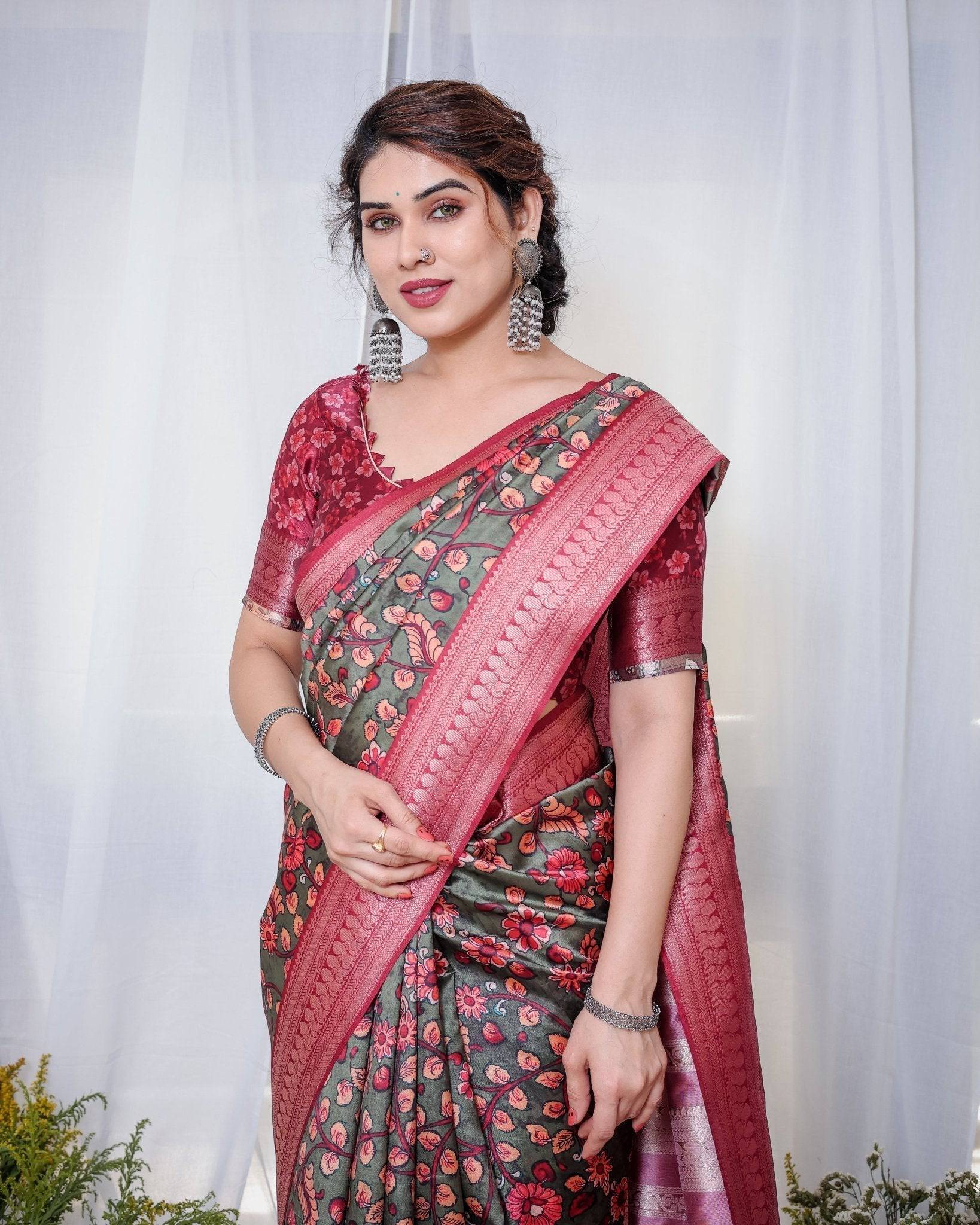 Elegant Banarasi Silk Saree in Deep Green with Floral Zari and Tassels BANARASI PRINTED