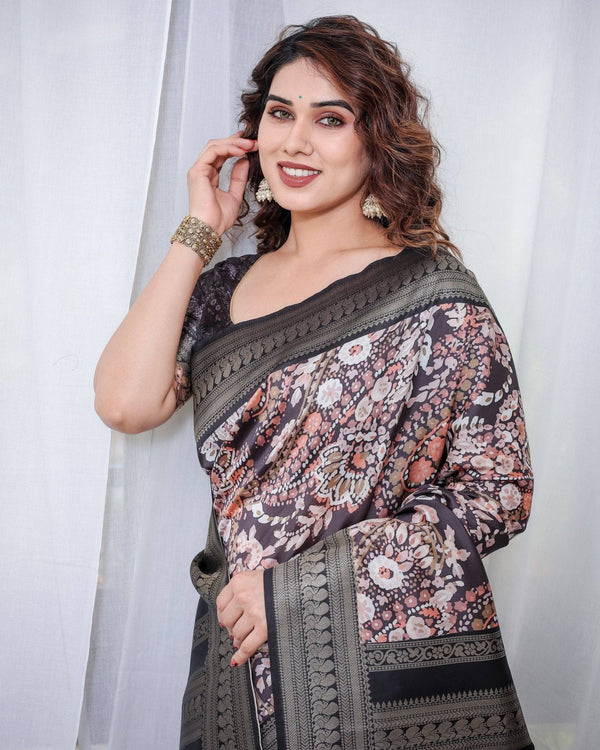 Exquisite Black and Pink Floral Banarasi Silk Saree with Intricate Tassels BANARASI PRINTED