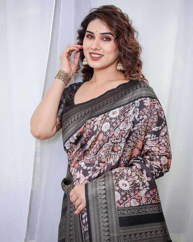 Exquisite Black and Pink Floral Banarasi Silk Saree with Intricate Tassels BANARASI PRINTED