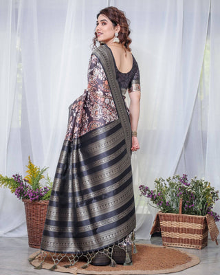 Exquisite Black and Pink Floral Banarasi Silk Saree with Intricate Tassels BANARASI PRINTED