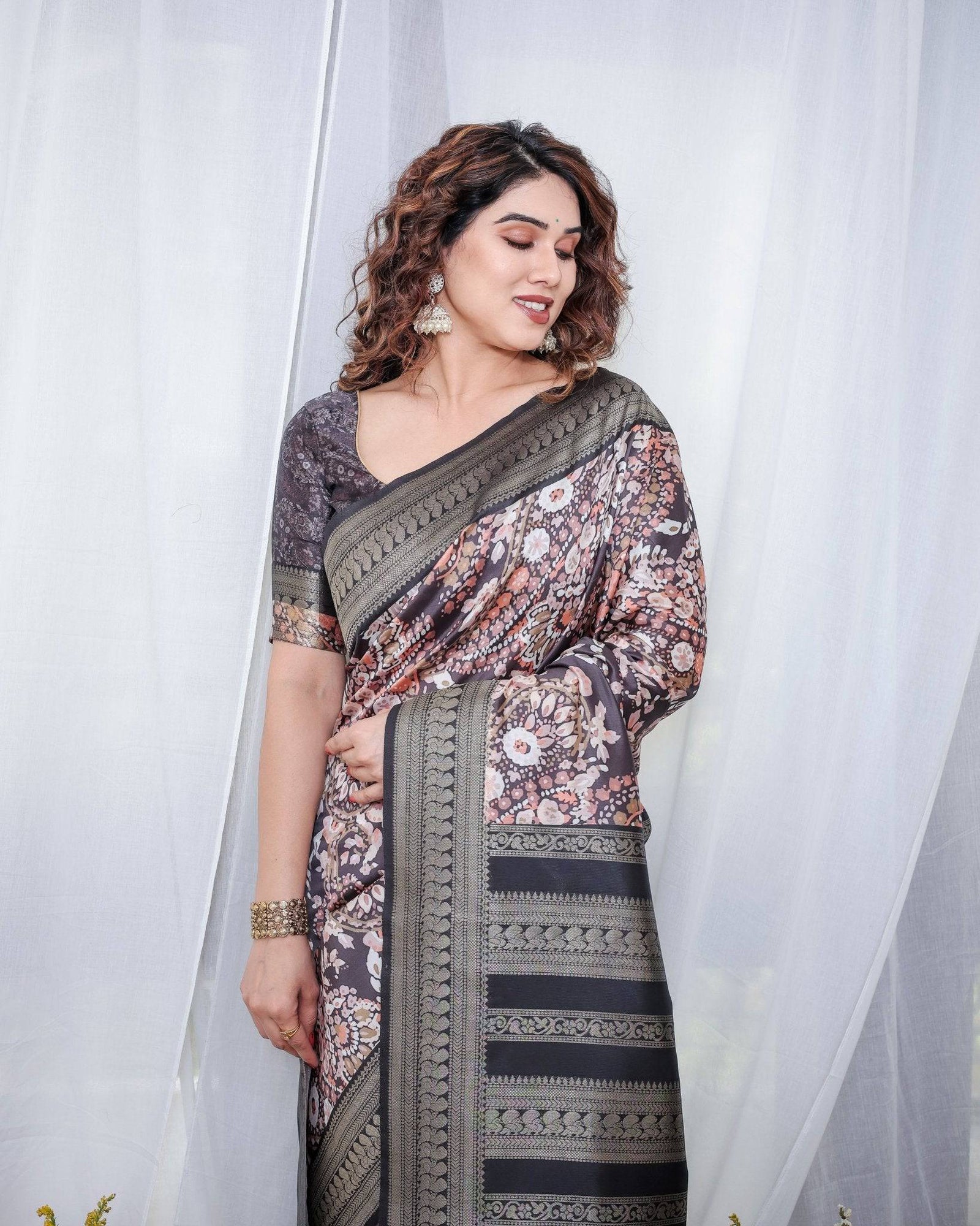 Exquisite Black and Pink Floral Banarasi Silk Saree with Intricate Tassels BANARASI PRINTED