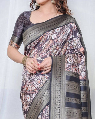 Exquisite Black and Pink Floral Banarasi Silk Saree with Intricate Tassels BANARASI PRINTED