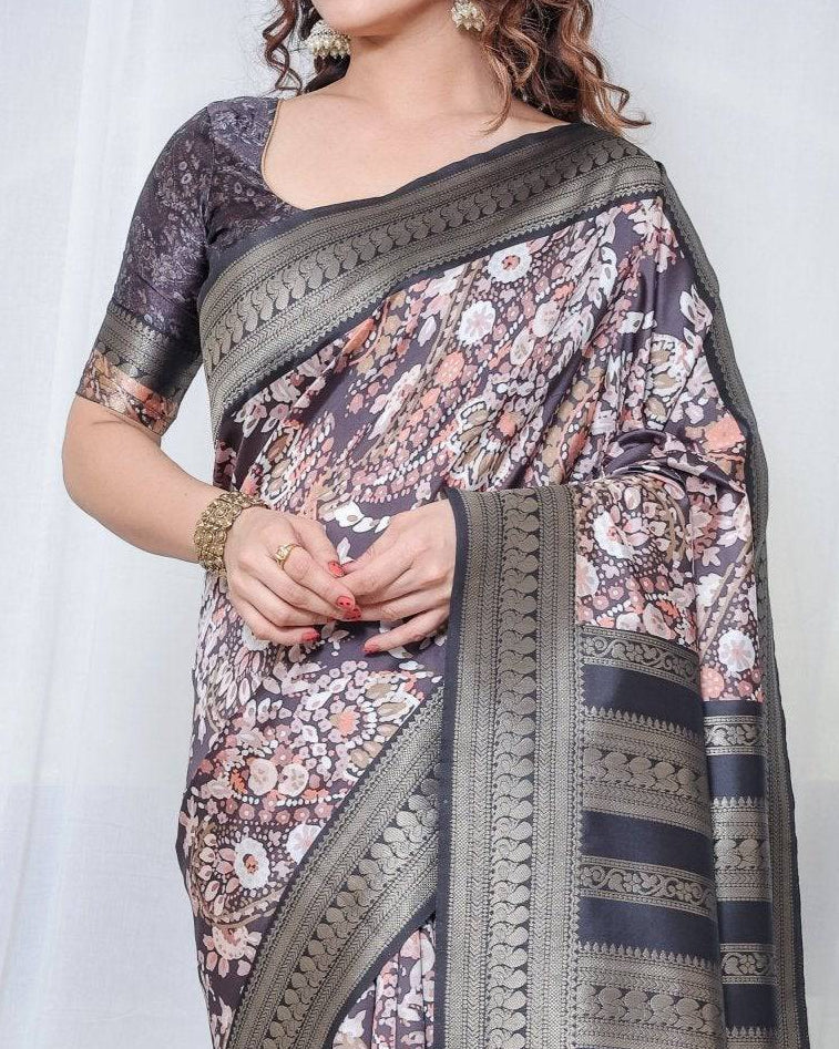 Exquisite Black and Pink Floral Banarasi Silk Saree with Intricate Tassels BANARASI PRINTED