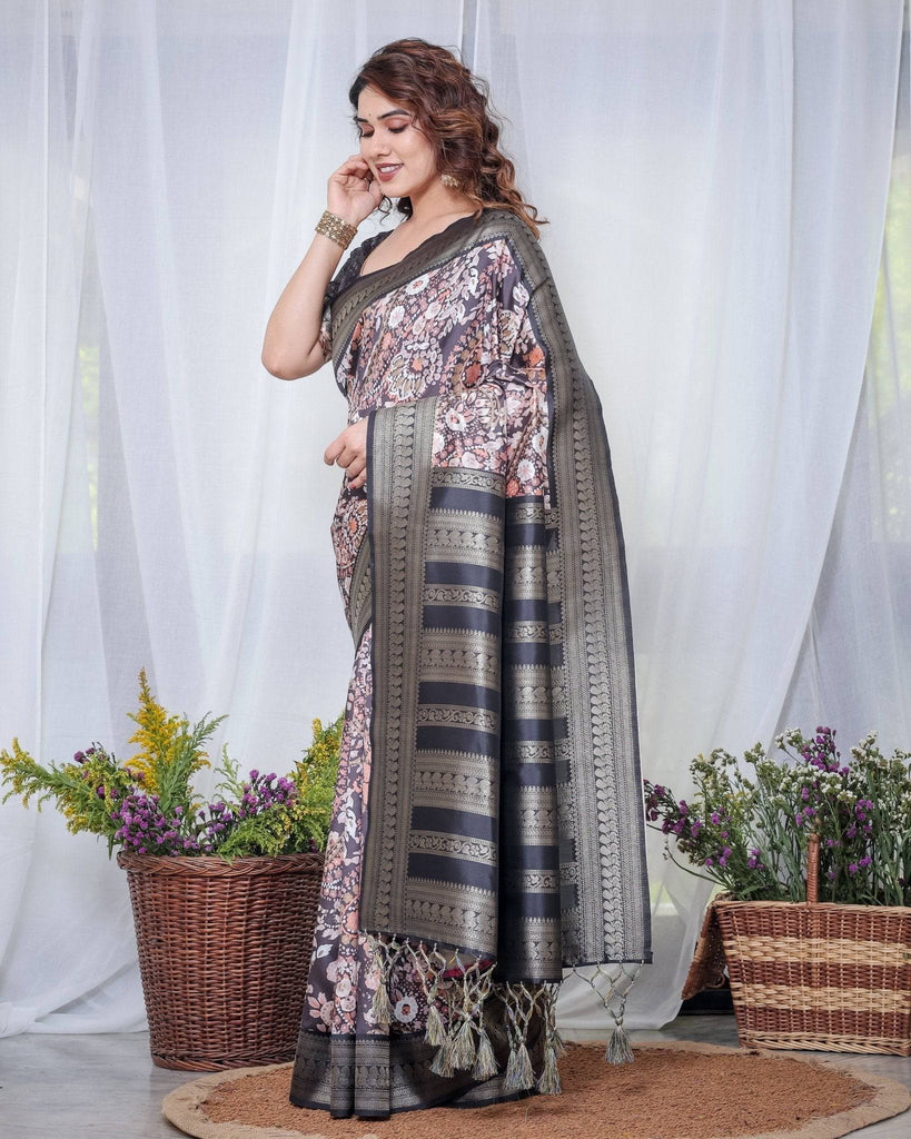 Exquisite Black and Pink Floral Banarasi Silk Saree with Intricate Tassels BANARASI PRINTED