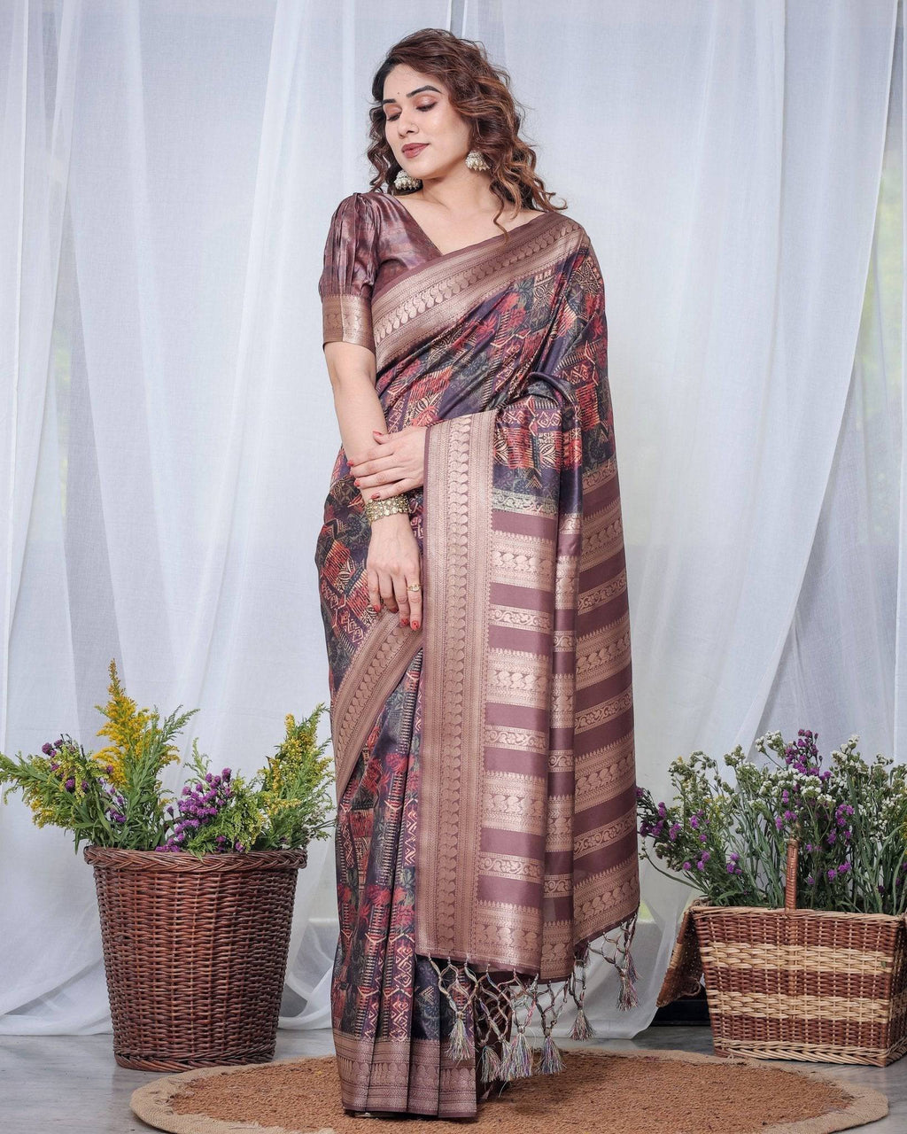 Chocolate Brown Banarasi Silk Saree with Tribal Digital Print, Zari Border & Tassel Pallu BANARASI PRINTED