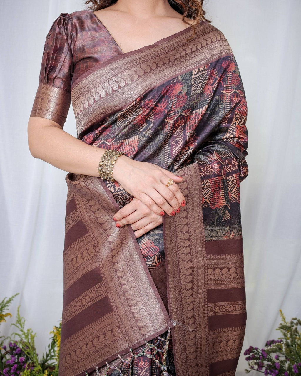 Chocolate Brown Banarasi Silk Saree with Tribal Digital Print, Zari Border & Tassel Pallu BANARASI PRINTED