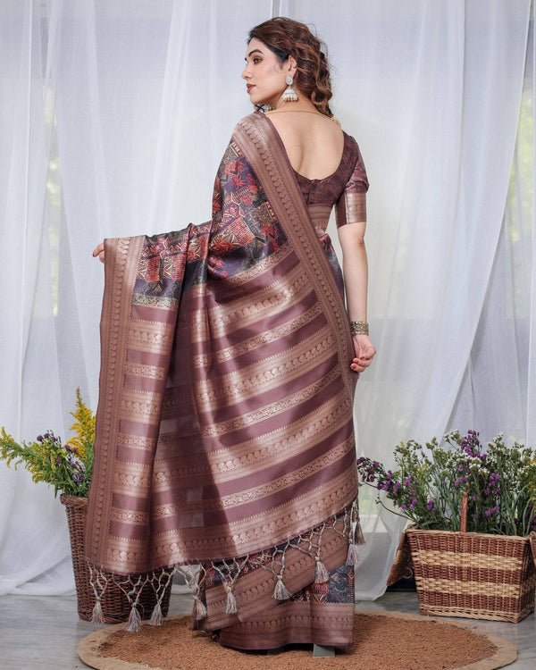 Chocolate Brown Banarasi Silk Saree with Tribal Digital Print, Zari Border & Tassel Pallu BANARASI PRINTED
