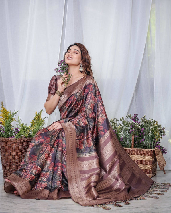 Chocolate Brown Banarasi Silk Saree with Tribal Digital Print, Zari Border & Tassel Pallu BANARASI PRINTED